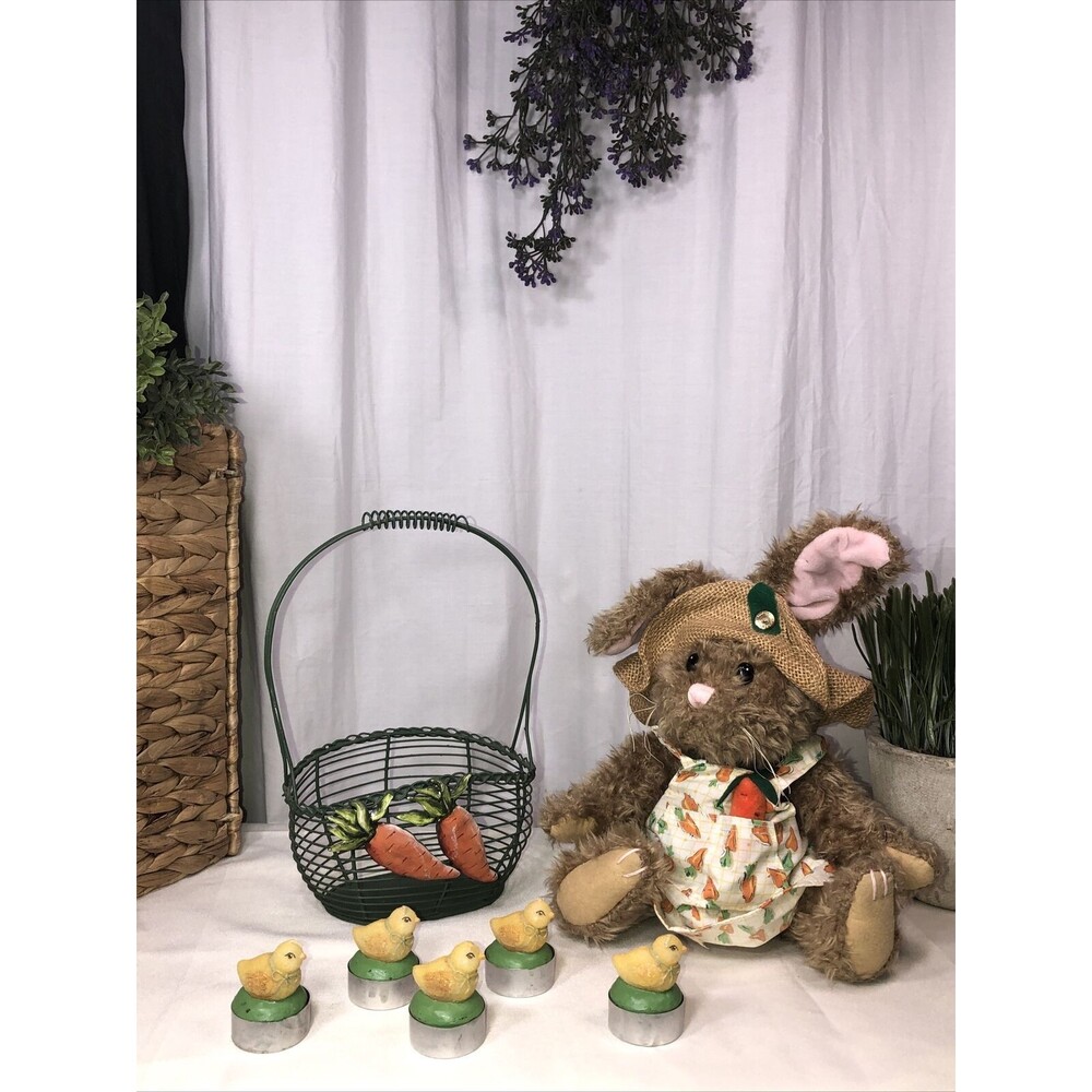 Vtg Easter decor lot  egg basket/Brass Button Collectable bunny plush/candles